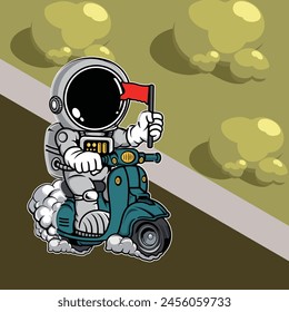A whimsical depiction of an astronaut riding a classic scooter, flag in hand, against a stylized cosmic backdrop with starry clouds.
