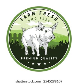 A whimsical depiction of a farm pig labeled as farm fresh and GMO-free, set against a backdrop of rolling hills and lush vegetation, showcasing premium quality.