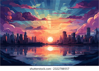 A whimsical depiction of a romantic sunset over a city skyline