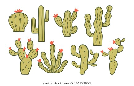 Whimsical Desert Cactus Floral Accents. A collection of 8 hand-drawn desert cacti, featuring vibrant green tones, wavy shapes, and red floral accents, perfect for whimsical and modern designs