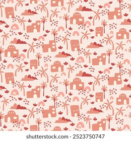 Whimsical Desert Dreams Seamless Pattern with Stylized Houses and Palm Trees. Vector illustration. Suitable for children projects, wallpaper and stationary.