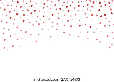 Un diseño caprichoso con una multitud de Pequeños corazones rosas y rojos esparcidos sobre un fondo blanco puro, creando una atmósfera festiva y lúdica con diferentes tamaños y colores de corazón.