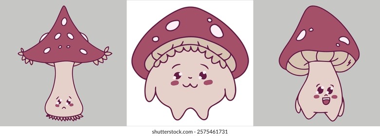 A whimsical design featuring a pair of cartoon mushrooms with red caps and white dots, drawn in a cute and minimalist style