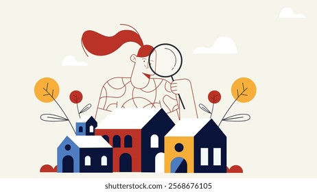 whimsical design, woman with magnifying glass, tiny houses, colorful village, minimalist art, abstract houses, playful illustration, exploration theme, bold shapes, vibrant colors, modern design.