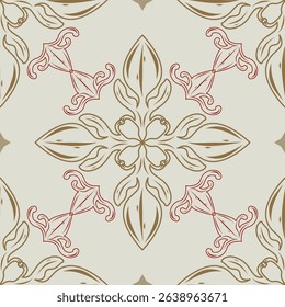 Whimsical Detailed Mythology Flowers Hand Drawn Filigree Seamless Pattern with Gold and Red Wine on Celadon Background. Fabulous Classical Ornament Repeat Design for Wallpaper Carpet Bedding Apparel