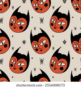 Whimsical devil face. Vector clip art. Red devils. EPS and JPG illustrations. Fashionable print, colorful hand drawn children's cartoons. Clockwork abstract.