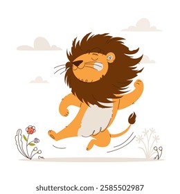 Whimsical digital illustration of a cheerful lion running through nature with a flowing mane, drawn in a playful and minimalist style. Playful Cartoon Lion Running in Nature