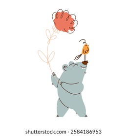 Whimsical digital illustration of a happy bear holding a flower while a small bird balances on its nose, drawn in a minimalist, playful style. Cute Bear and Bird with Flower Illustration