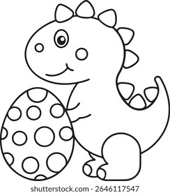 Whimsical Dinosaur and Easter Egg Illustration A Cute Cartoon Dinosaur with a Spotted Egg in a Black and White Line Art Design