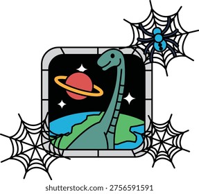 Whimsical dinosaur stands on a moonlit planet. Spiderwebs frame the scene with playful edges. Stars twinkle softly behind the creature. The dinosaur gazes outward with curious expression