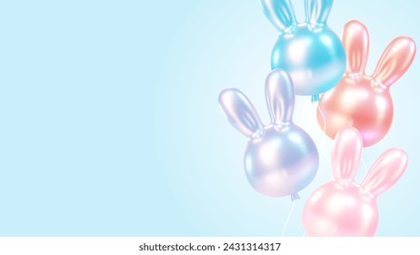 A whimsical display of glossy balloon bunnies in soft pastel hues of pink and blue, floating against a clear, serene sky, evoking the playful spirit of Easter