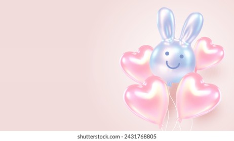 A whimsical display of glossy balloon bunnies in soft pastel hues of pink and blue, floating against a clear, serene sky, evoking the playful spirit of Easter