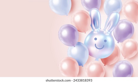 Un despliegue caprichoso de conejitos de globos brillantes en suaves tonos pastel de rosa y azul, flotando contra un cielo claro y sereno, evocando el espíritu juguetón de Pascua