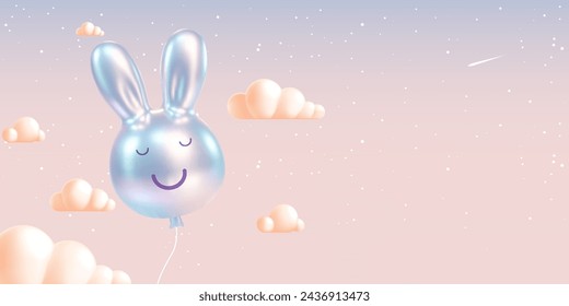 A whimsical display of glossy balloon bunnies in soft pastel hues of pink and blue, floating against a clear, serene sky, evoking the playful spirit of Easter