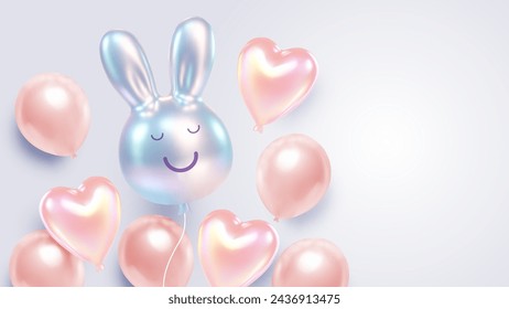 A whimsical display of glossy balloon bunnies in soft pastel hues of pink and blue, floating against a clear, serene sky, evoking the playful spirit of Easter