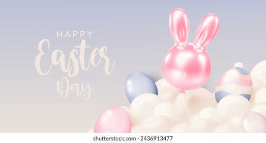 A whimsical display of glossy balloon bunnies in soft pastel hues of pink and blue, floating against a clear, serene sky, evoking the playful spirit of Easter