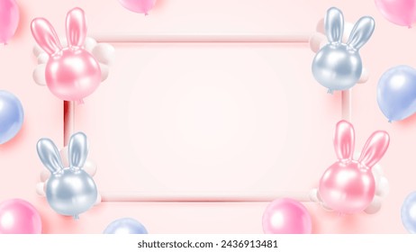 A whimsical display of glossy balloon bunnies in soft pastel hues of pink and blue, floating against a clear, serene sky, evoking the playful spirit of Easter