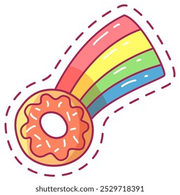 Uma rosquinha caprichosa com salpicos coloridos está ligada a um arco-íris vibrante, criando uma atmosfera divertida e alegre. A ilustração apresenta cores brilhantes e linhas divertidas.