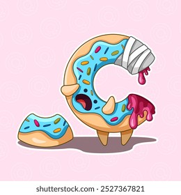 A whimsical donut with a surprised expression screams against a pink patterned background