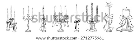 Whimsical doodle candle set. Hand drawn vector ink coquette romantic elements isolated on white background.