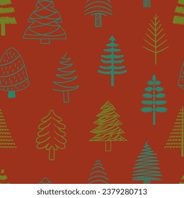 Whimsical Doodle Christmas Trees Festive Repeated Seamless Pattern. Tile Ornament, And Holiday Magic Intertwine, Capturing The Joy Of The Season In Every Delightful Detail. Cartoon Vector Background