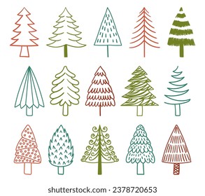 Whimsical Doodle Christmas Trees Set. Spruce Up Your Holiday With Charming Hand-drawn Trees. Delightful, Festive Designs That Bring A Touch Of Joy To Christmas Celebration. Cartoon Vector Illustration