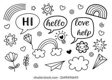 Whimsical Doodle Collection: A charming array of hand-drawn illustrations showcasing a cheerful sun, radiant stars, gentle clouds, a vibrant rainbow, and delicate floral elements.