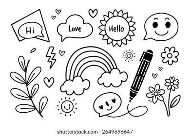 Whimsical Doodle Collection: A charming array of hand-drawn illustrations showcasing a cheerful sun, radiant stars, gentle clouds, a vibrant rainbow, and delicate floral elements.