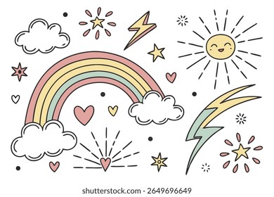 Whimsical Doodle Collection: A charming array of hand-drawn illustrations showcasing a cheerful sun, radiant stars, gentle clouds, a vibrant rainbow, and delicate floral elements.