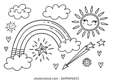 Whimsical Doodle Collection: A charming array of hand-drawn illustrations showcasing a cheerful sun, radiant stars, gentle clouds, a vibrant rainbow, and delicate floral elements.