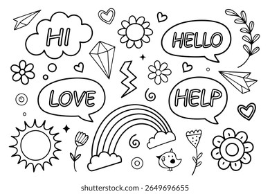 Whimsical Doodle Collection: A charming array of hand-drawn illustrations showcasing a cheerful sun, radiant stars, gentle clouds, a vibrant rainbow, and delicate floral elements.