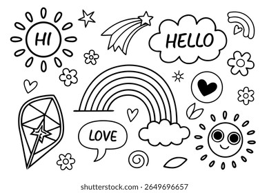 Whimsical Doodle Collection: A charming array of hand-drawn illustrations showcasing a cheerful sun, radiant stars, gentle clouds, a vibrant rainbow, and delicate floral elements.