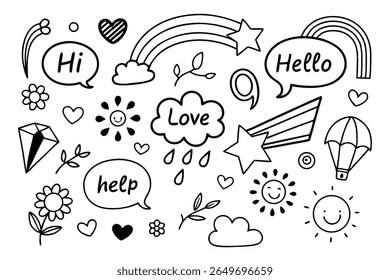 Whimsical Doodle Collection: A charming array of hand-drawn illustrations showcasing a cheerful sun, radiant stars, gentle clouds, a vibrant rainbow, and delicate floral elements.