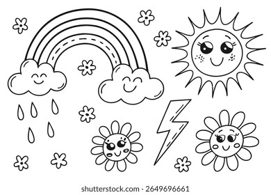 Whimsical Doodle Collection: A charming array of hand-drawn illustrations showcasing a cheerful sun, radiant stars, gentle clouds, a vibrant rainbow, and delicate floral elements.