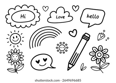 Whimsical Doodle Collection: A charming array of hand-drawn illustrations showcasing a cheerful sun, radiant stars, gentle clouds, a vibrant rainbow, and delicate floral elements.