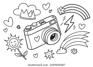 Whimsical Doodle Collection: A charming array of hand-drawn illustrations showcasing a cheerful sun, radiant stars, gentle clouds, a vibrant rainbow, and delicate floral elements.