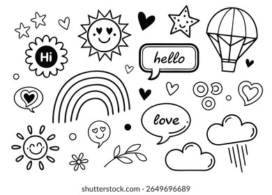 Whimsical Doodle Collection: A charming array of hand-drawn illustrations showcasing a cheerful sun, radiant stars, gentle clouds, a vibrant rainbow, and delicate floral elements.