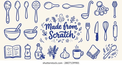 Whimsical doodle collection of cooking tools and fresh elements ideal for recipe blogs food branding or restaurant menus.