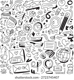 Eine skurrile Doodle-Kollektion mit verschiedenen Objekten und Symbolen in einem verspielten Schwarz-Weiß-Illustrationsstil, perfekt für kreative Designprojekte und künstlerische Ausdrucksformen.