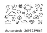 Whimsical Doodle Collection Outlines Set Vector Illustration Featuring Crown Smiley Face Heart Diamond Question Mark Flower Cloud Lightning Bolt Star Leaf Shape