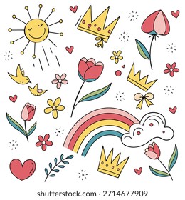 Whimsical doodle collection of sun, rainbow, flowers, crowns, and hearts Keywords: doodle, whimsical, sun, rainbow, flower, tulip, crown, heart