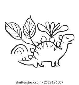 Whimsical Doodle Dinosaur Stegosaurus Illustration with Tropical Plants – Playful Cartoon Design Featuring a Cute Dinosaur Among Lush Foliage. Perfect for Kids' Products or Creative Designs