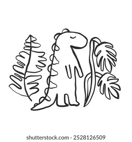 Whimsical Doodle Dinosaur Stegosaurus Illustration with Tropical Plants – Playful Cartoon Design Featuring a Cute Dinosaur Among Lush Foliage. Perfect for Kids' Products or Creative Designs