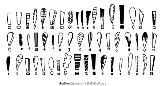 Whimsical doodle exclamation mark vector illustration set. Bundle of symbols highlighting intricate detail and simplicity in design on white background
