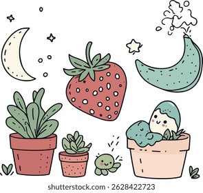 A whimsical doodle featuring potted plants, a strawberry, a banana, a moon, and stars, all rendered in a cute, cartoon style.
