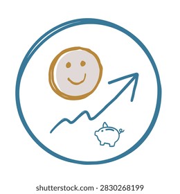 A whimsical doodle featuring a smiling coin face above an upward trending arrow and a small piggy bank representing savings and financial growth.