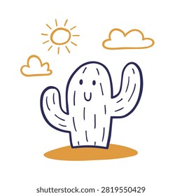 A whimsical doodle of a friendly cactus character with a smiling face, rendered in a simple hand drawn style