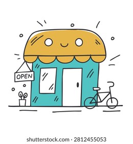 A whimsical doodle of a friendly shop with a happy face on its roof awning featuring an open sign and a bicycle parked outside