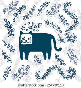 Whimsical doodle, hand drawn, cartoon cat with closed eyes, smiling, and dreaming on floral background