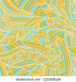 Whimsical doodle hand drawn pattern. Abstract seamless vector wavy background. 